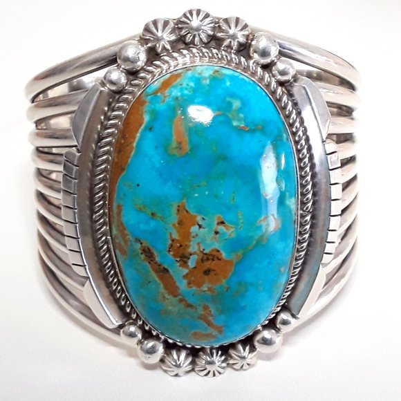 LARGE Kingman Sterling Native American Statement  Bracelet - Picture 2 of 9